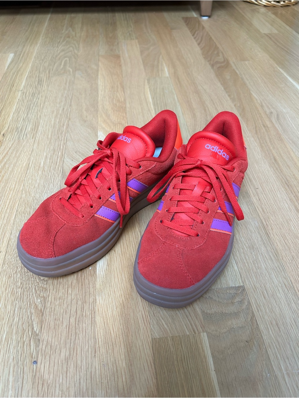 adidas platform Red Suede Low-Top Sneakers with Purple Stripes